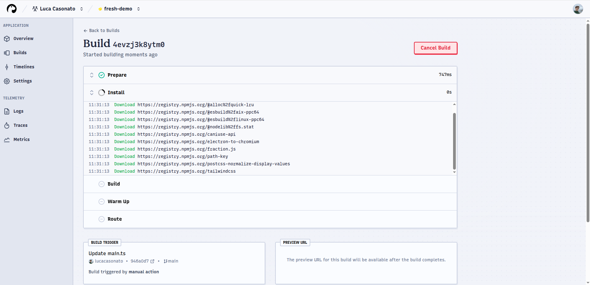 Screenshot of app build logs